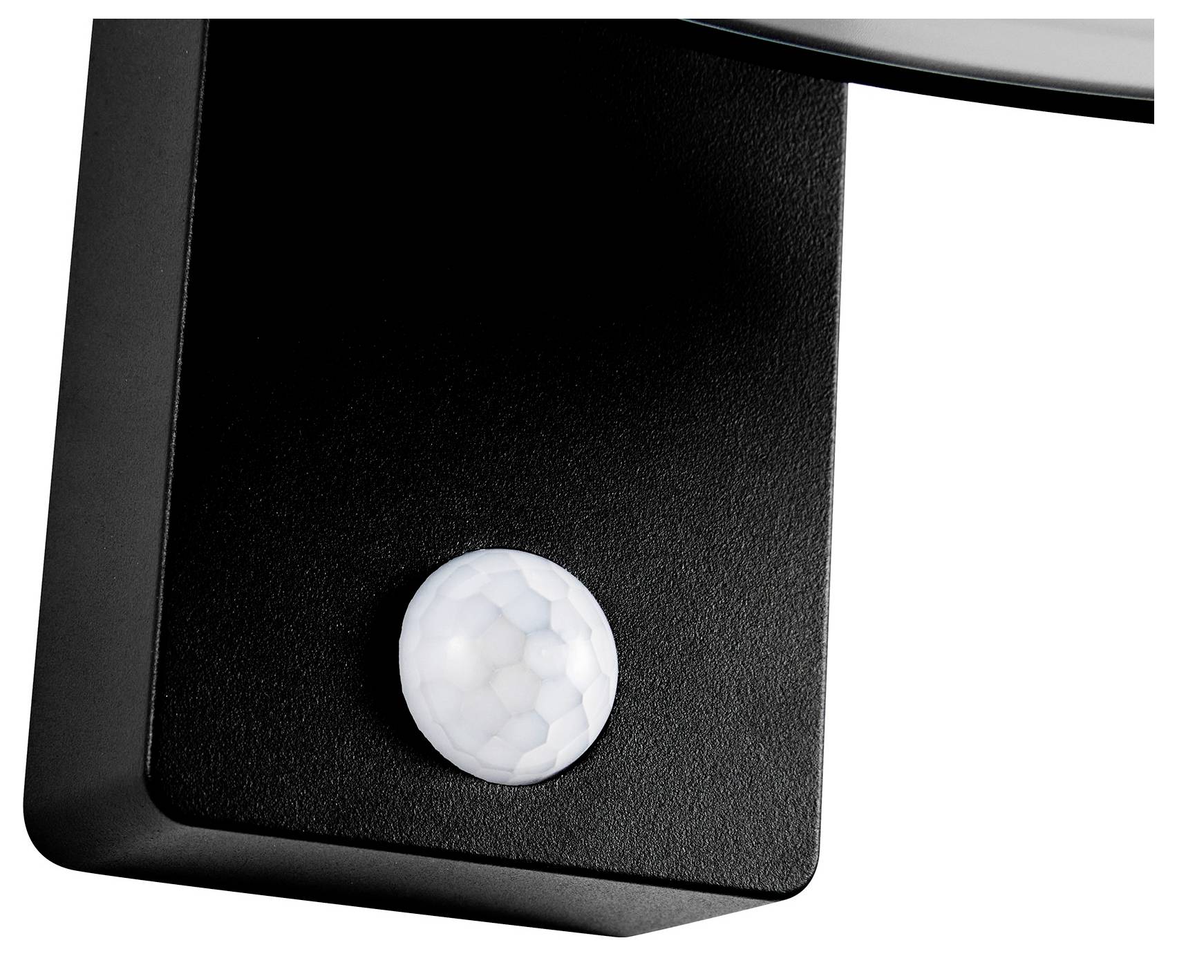 Ein schwarzes Bewegungssensor-Gerät mit einem weißen, sechseckig gemusterten kugelförmigen Sensor am unteren Ende, typischerweise zur Bewegungserkennung verwendet.