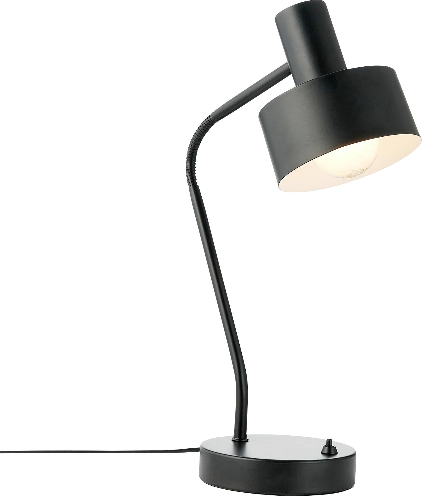 Eine moderne schwarze Schreibtischleuchte mit zylindrischem Schirm, eingeschaltet, die warmes Licht ausstrahlt. Die Lampe hat einen verstellbaren Hals und einen runden Sockel.