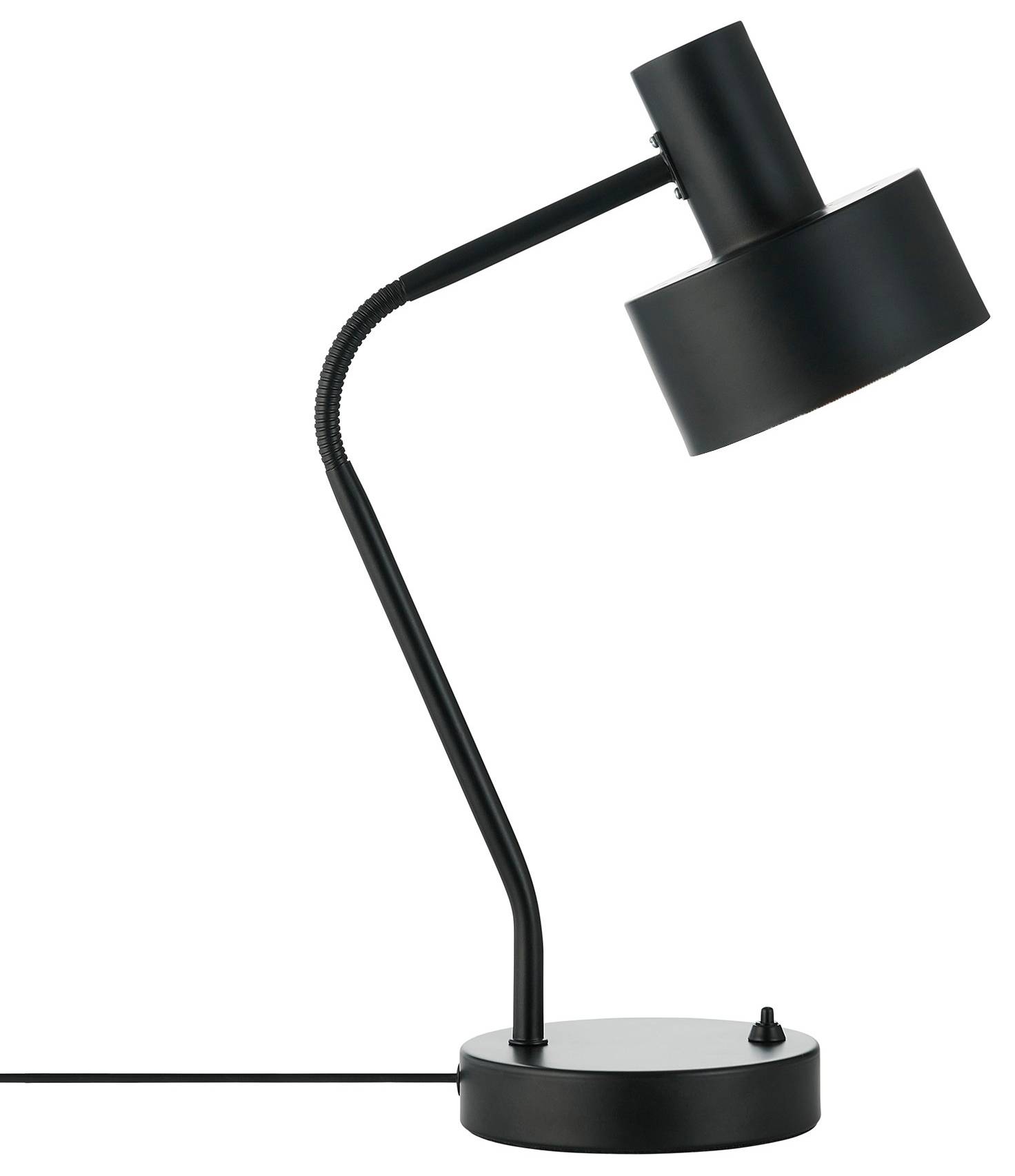 Eine elegante, moderne schwarze Schreibtischleuchte mit verstellbarem Arm und rundem Sockel, entworfen für konzentrierte Aufgabenbeleuchtung.