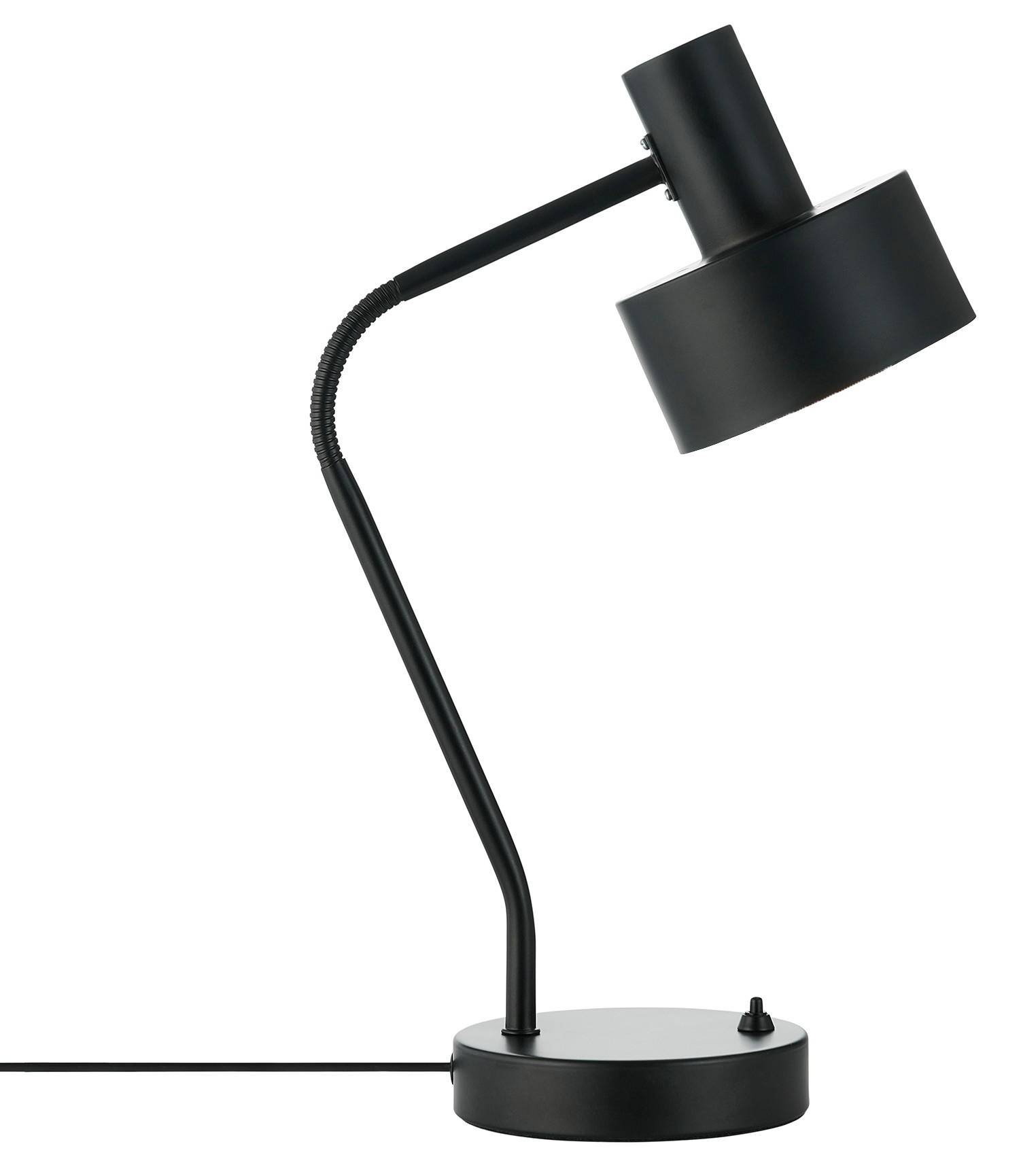 Eine moderne schwarze Schreibtischlampe mit zylindrischem Schirm und verstellbarem Hals, auf einer runden Basis stehend mit einem Schalter in der Leitung.