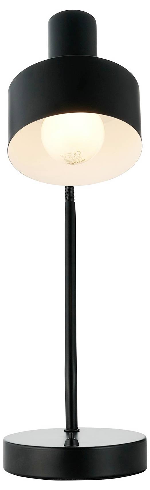 Eine moderne schwarze Tischleuchte mit zylindrischem Schirm, einfacher runder Basis und sichtbarem Glühbirne, entworfen für zeitgenössische Inneneinrichtungen.