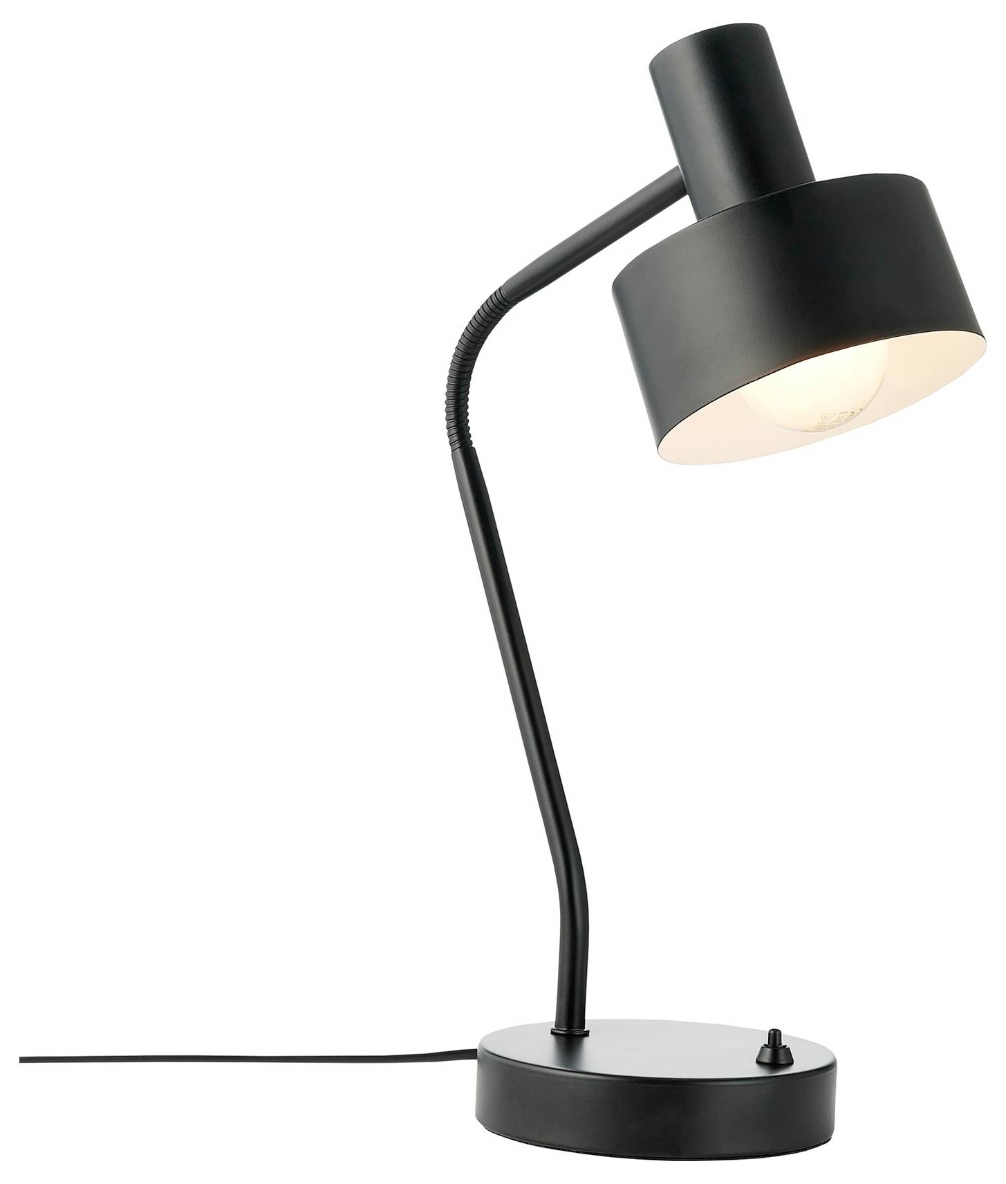 Eine elegante, moderne schwarze Schreibtischlampe mit einem gebogenen Arm und zylindrischem Schirm, stehend auf einer runden Basis mit einem kleinen Schalter.