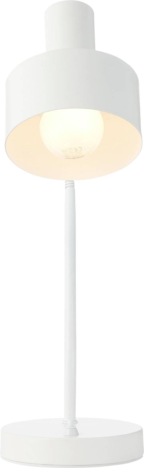 Eine moderne weiße Tischlampe mit zylindrischem Schirm und schlankem Fuß, beleuchtet mit einer sichtbaren Glühbirne, auf neutralem Hintergrund.