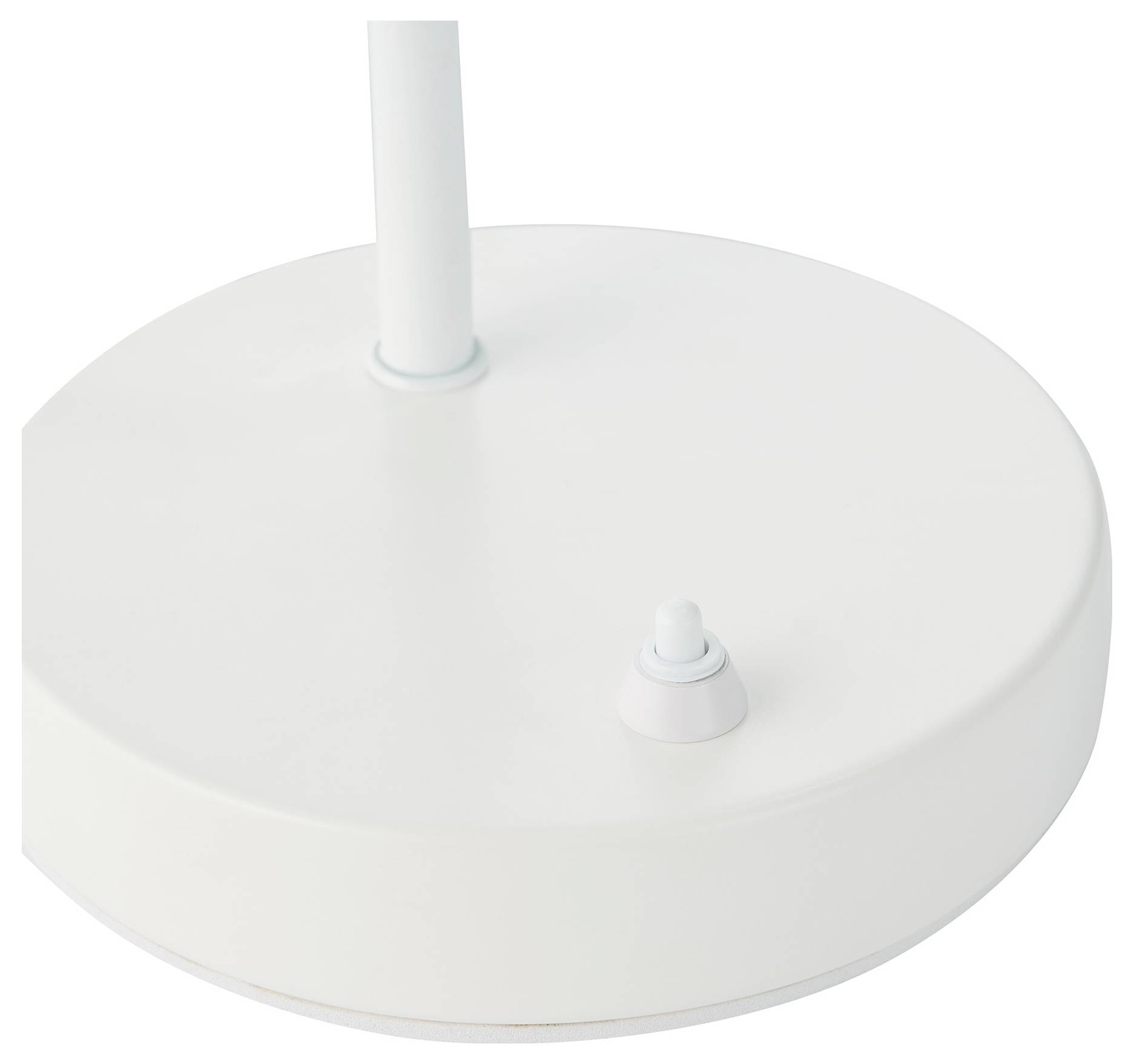 Runde weiße Lampenbasis mit einem kleinen Schalter an der Seite, entworfen für Stabilität und einfache Bedienung.