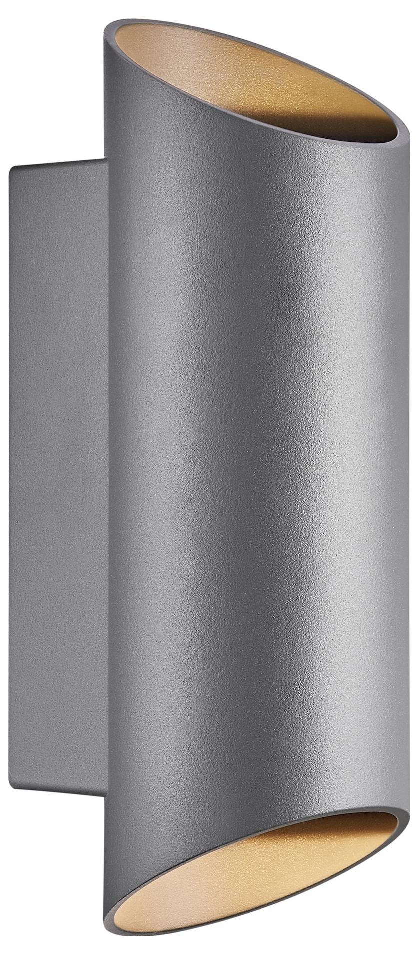 Eine moderne graue Wandleuchte mit Licht, das nach oben und unten abgestrahlt wird und ein weiches Umgebungslicht an der Wand erzeugt.