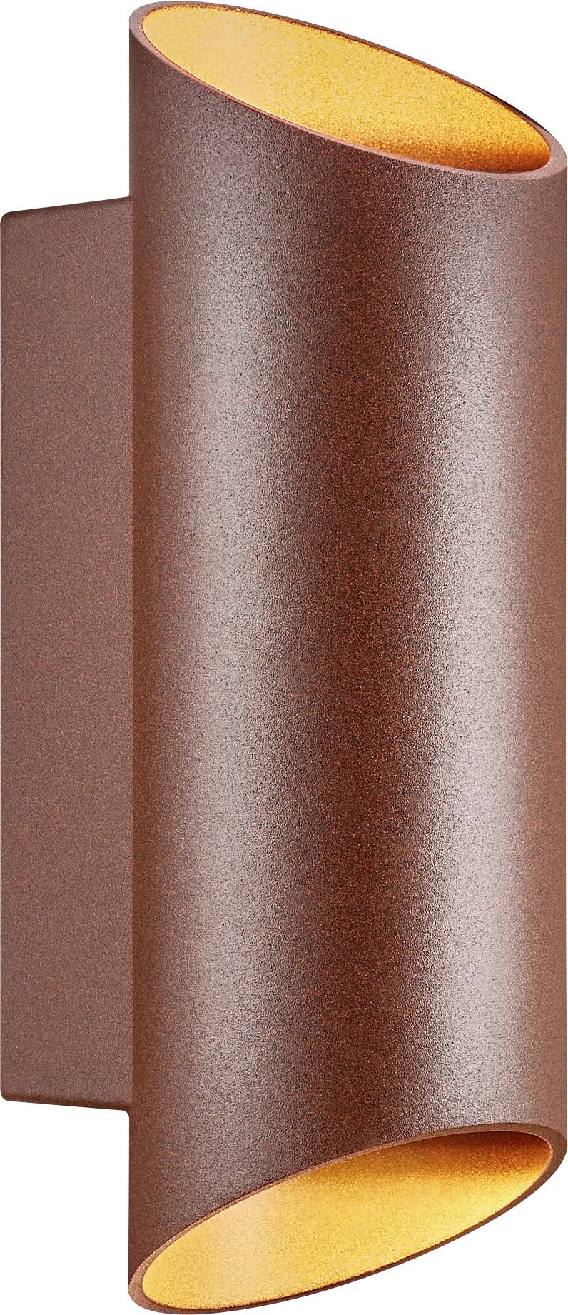 Eine moderne, zylindrische, braune Wandleuchte mit gekrümmtem Design, die Licht nach oben und unten abstrahlt, auf einem flachen Sockel montiert.