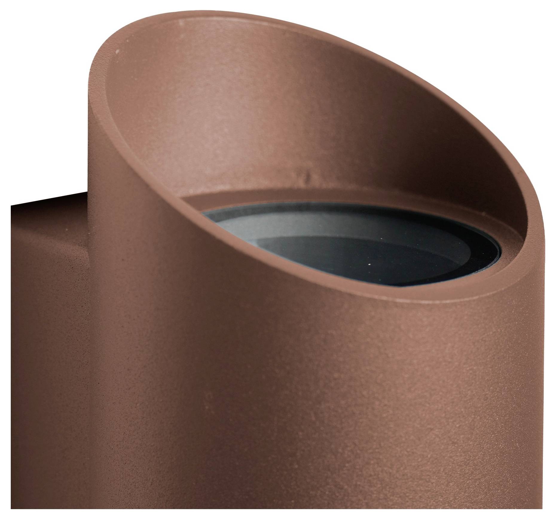 Bronzefarbene Außenwandleuchte mit zylindrischer Form und geneigter Oberseite, verwendet zur Außenbeleuchtung und zur Verbesserung der Gestaltung.