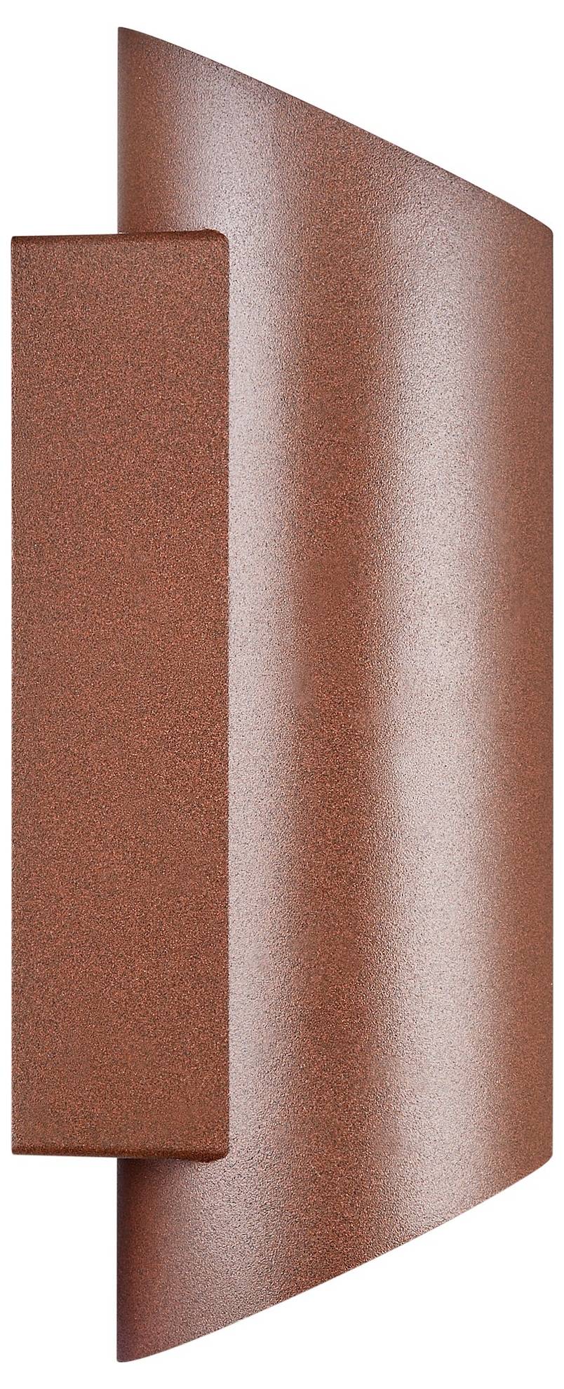 Ein gekrümmtes, rostfarbenes, wandmontiertes Objekt mit einem rechteckigen Panel auf der linken Seite.