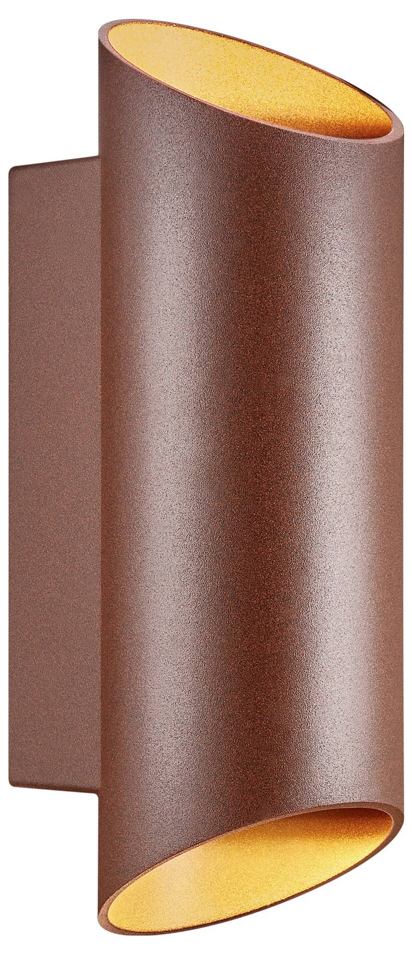 Ein zylindrisches Wandleuchten-Element in Rostfarbe mit offenen Enden, das so gestaltet ist, dass Licht von oben und unten emittiert wird und eine Umgebungsbeleuchtung erzeugt.
