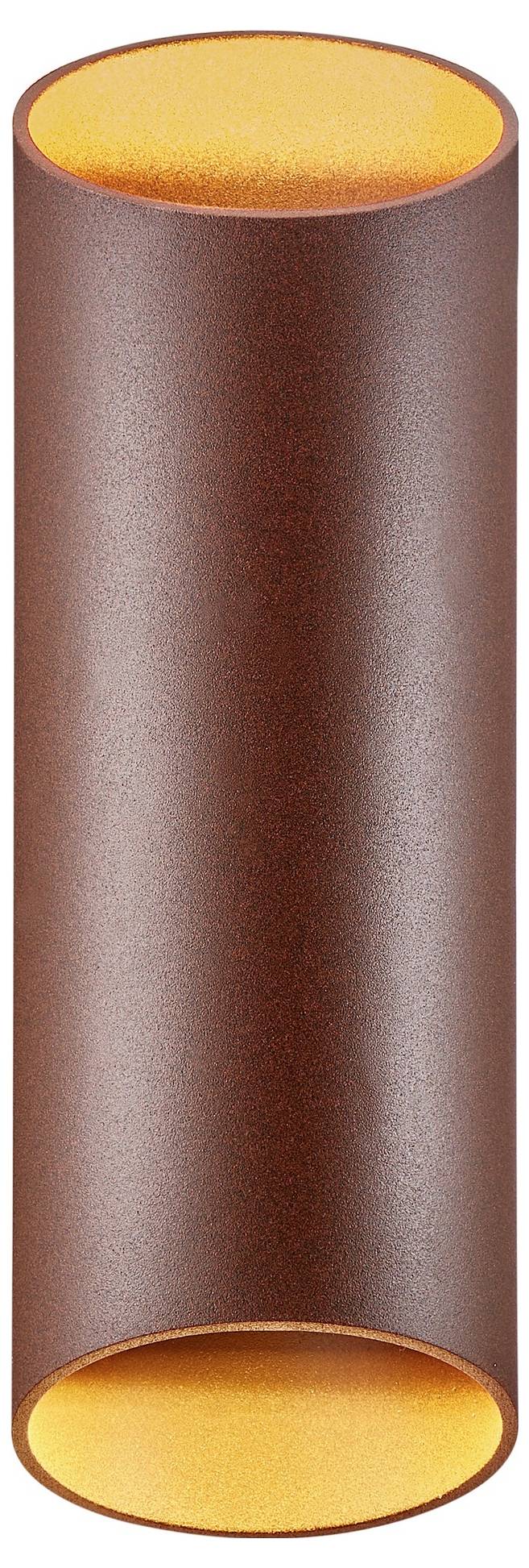 Eine zylindrische, rostfarbene Wandleuchte mit offener Ober- und Unterseite, die mit warmem Bernsteinlicht leuchtet.