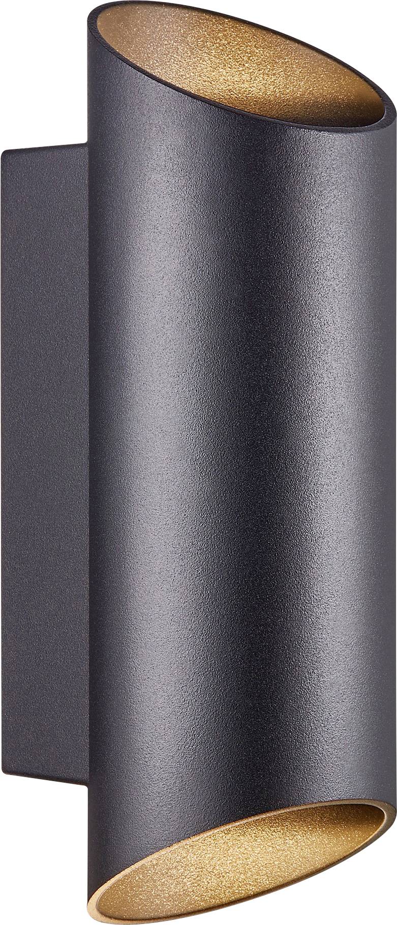 Eine elegante, zylindrische, schwarze Wandleuchte mit offenen Enden, die warmes Licht nach oben und unten ausstrahlt.