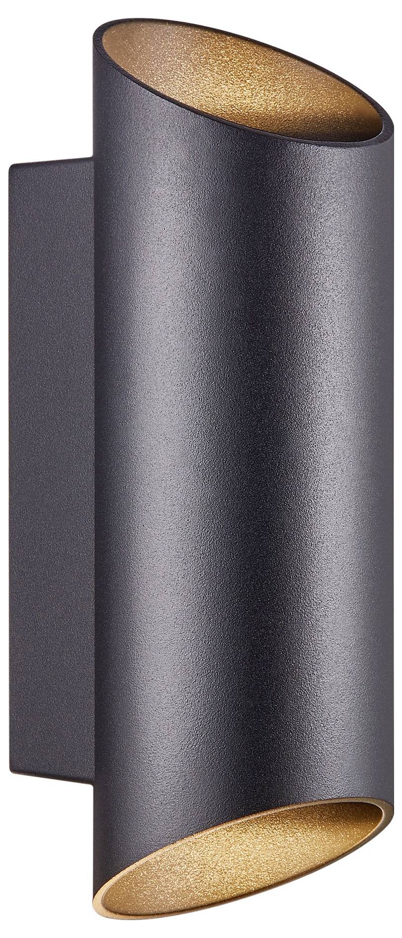 Ein modernes, zylindrisches Wandleuchten-Modell aus dunklem Metall mit offenen Enden, das Licht von oben und unten abstrahlt, montiert auf einem rechteckigen Sockel.