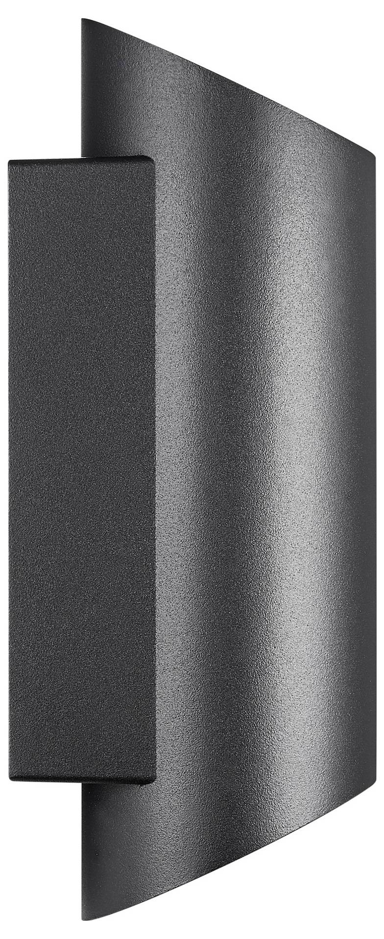 Eine moderne, wandmontierte LED-Leuchte aus schwarzem Metall mit geschwungenem, eleganten Design.