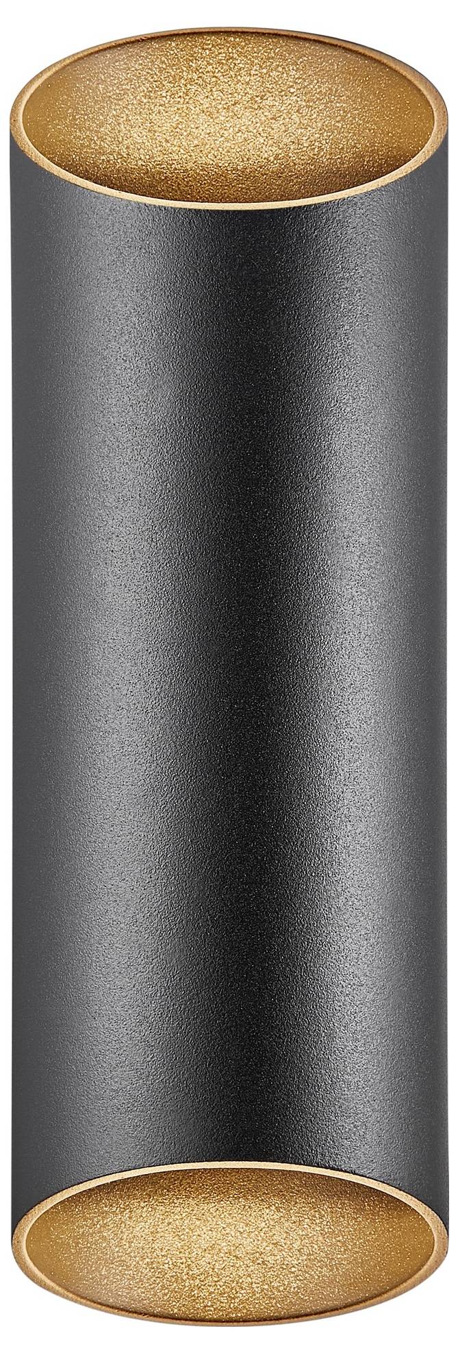 Ein zylindrisches schwarzes Metallrohr mit kupferfarbenen Enden, vertikal dargestellt.