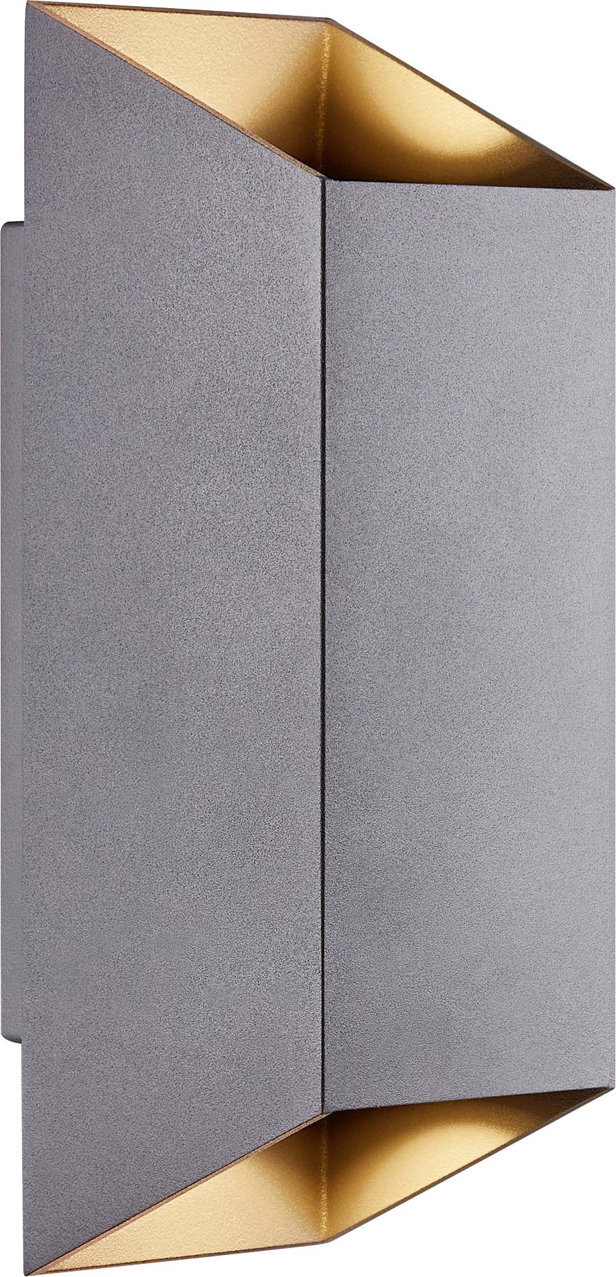Eine moderne Wandleuchte mit grauem Außenbereich und orange-goldenem Innenbereich, gestaltet in einem geometrischen, von Origami inspirierten Stil.