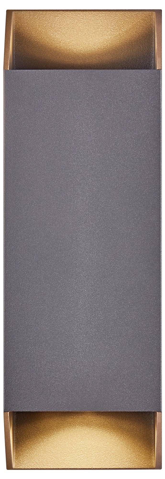 Eine moderne Wandleuchte mit rechteckigem Design, grauer Außenoberfläche, gibt warmes Licht aus oberen und unteren Öffnungen ab und erzeugt dabei ein sanftes Umgebungslicht.