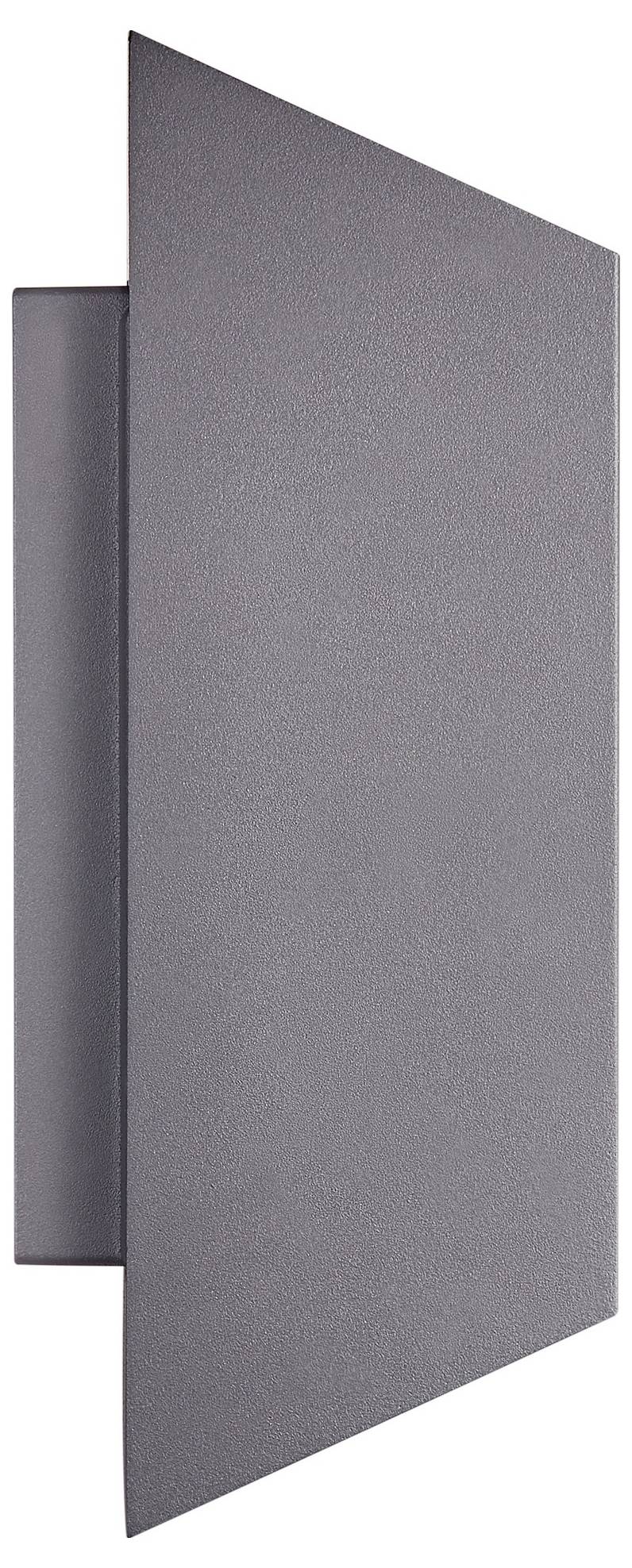 Eine moderne, geometrische Wandleuchte mit schlankem, kantigem Design in matter grauer Oberfläche, geeignet für zeitgenössische Innenräume.