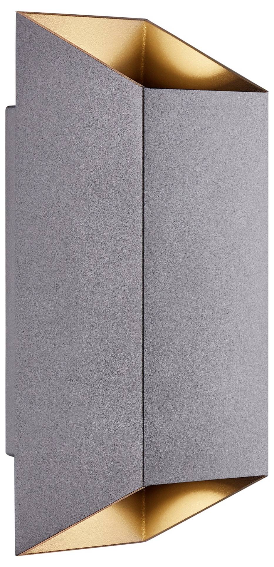 Ein moderner Wandleuchter mit geometrischem Design, das eine graue Außenseite und ein warmes, kupferfarbenes Inneres aufweist und subtiles Licht ausstrahlt.