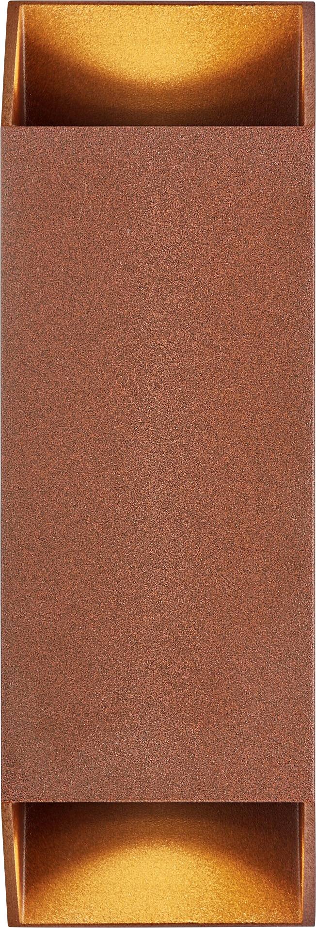 Rechteckige braune Wandleuchte mit strukturierter Oberfläche, die von oben und unten warmes gelbes Licht ausstrahlt.