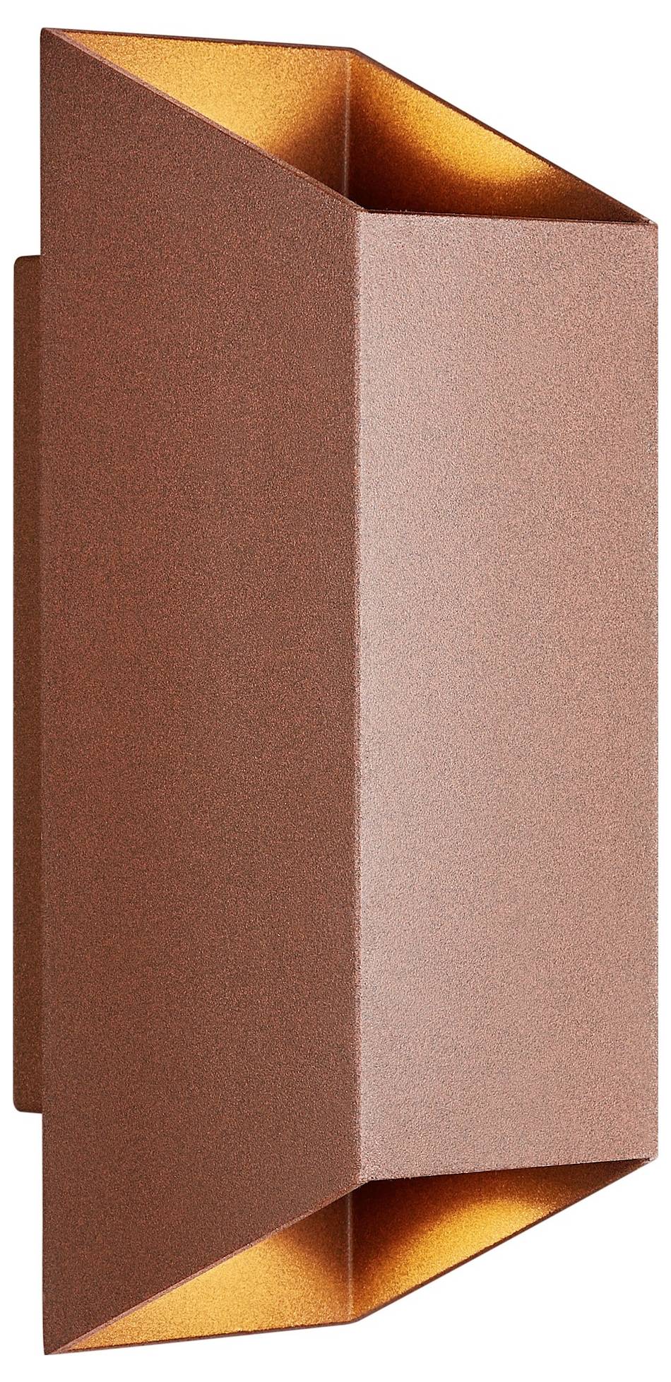 Eine braune, rechteckige, geometrische Wandleuchte mit eckigem Design und leuchtend orangem Inneren.