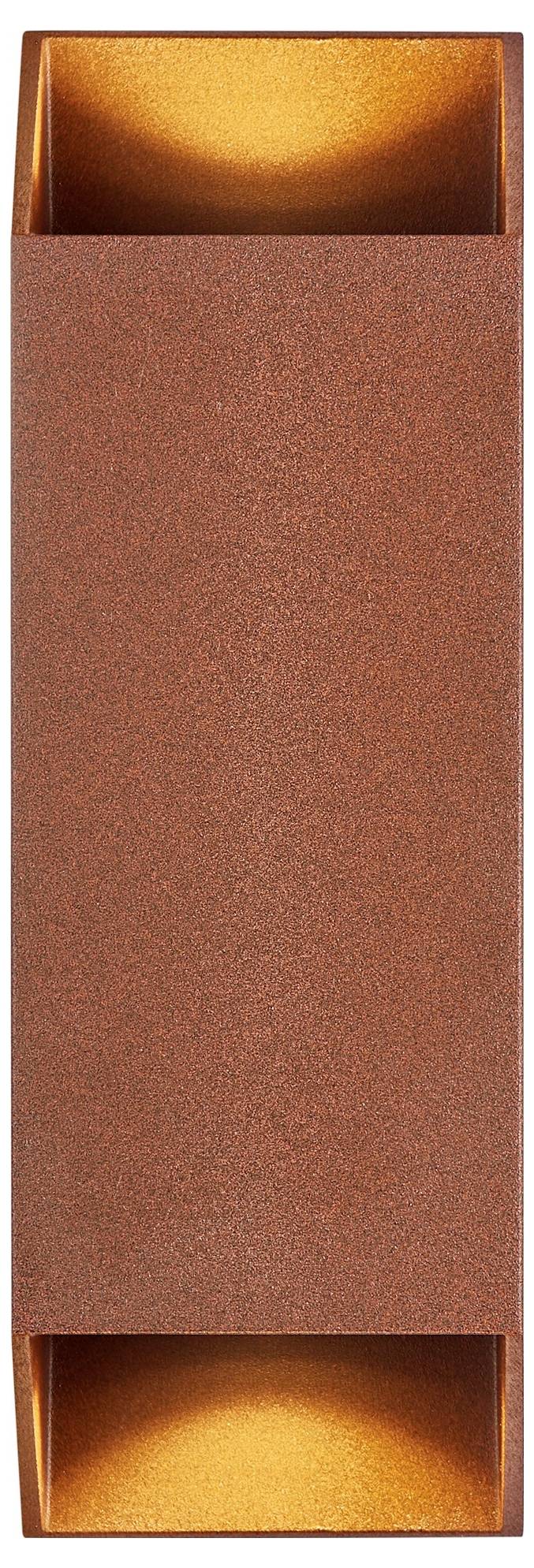 Eine moderne, rechteckige Wandleuchte mit orange leuchtenden Enden, die warmes Licht ausstrahlen.