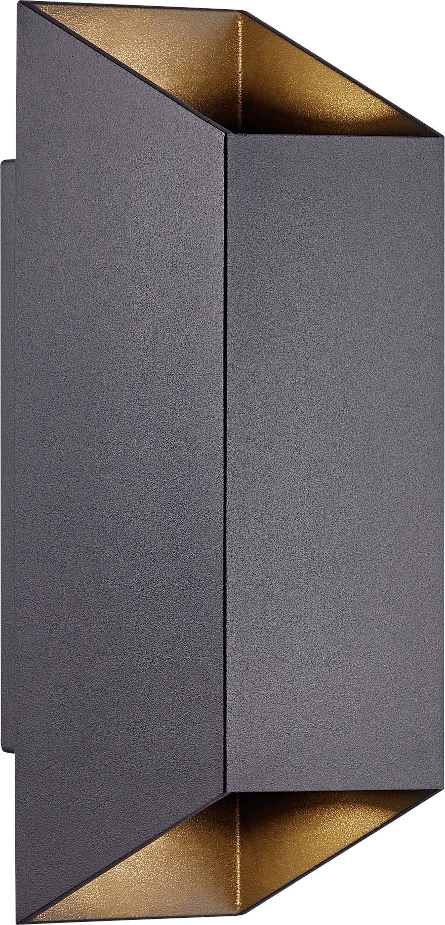 Eine moderne Wandleuchte mit geometrischem Design, die ein dunkles Äußeres aufweist und warmes Licht an den oberen und unteren Öffnungen sichtbar macht.