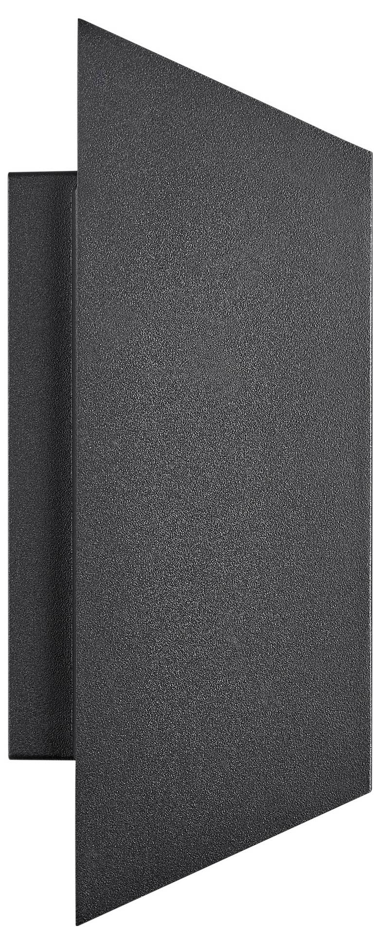 Nahaufnahme eines schwarzen, strukturierten, rechteckigen Panels mit einem scharfen Winkel, das vor einem weißen Hintergrund zu schweben scheint.