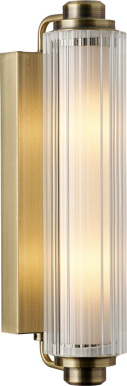 Eine moderne Wandleuchte mit Messingoberfläche und geripptem Glasschirm, die warmes Licht für eine angenehme Umgebungsbeleuchtung verteilt.