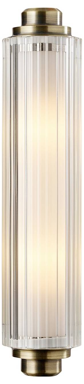 Eine zylindrische Wandleuchte mit geripptem Glas und metallischen Akzenten gibt warmes, diffuses Licht ab und eignet sich für elegante Innenräume.