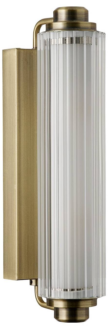 Eine vertikale, zylindrische Wandleuchte mit geripptem Glas und Messingfinish, konzipiert für zeitgenössische Innenraumbeleuchtung.