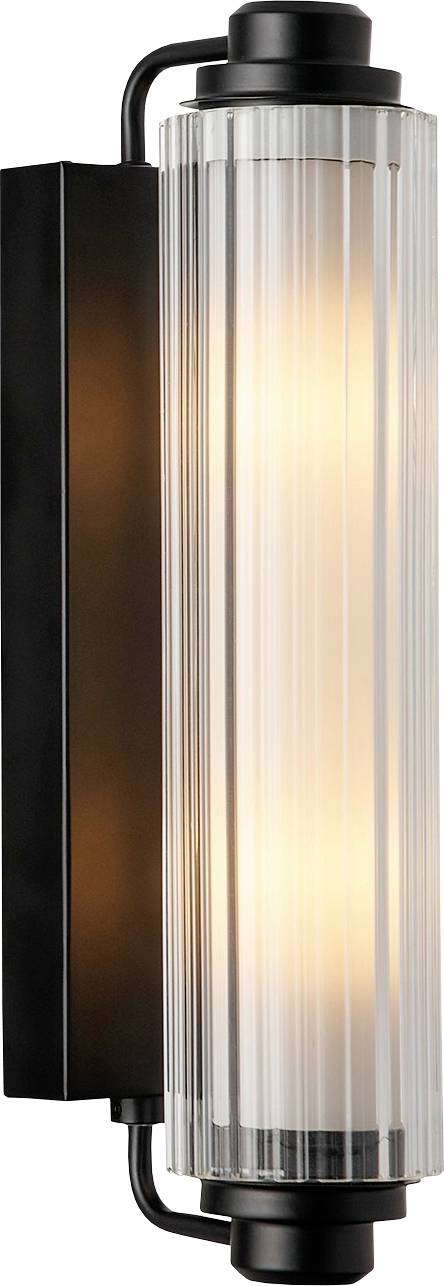 Ein moderner zylindrischer Wandleuchter mit geripptem Glas und schwarzem Metallelement, der warmes Licht ausstrahlt und für die Inneneinrichtung konzipiert ist.