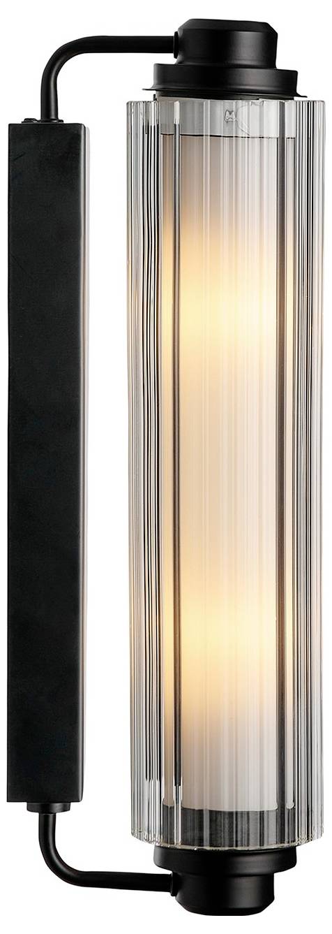 Ein vertikal an der Wand montiertes zylindrisches Leuchtenelement mit schwarzen Metallakzenten und einer leuchtenden Glühbirne in einem gerippten Glassockel.