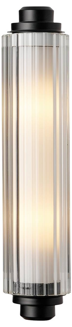 Eine vertikale, zylindrische Leuchte mit gerillter Glasoberfläche und warmem, leuchtendem Licht, oben und unten mit schwarzen Abschlüssen versehen.