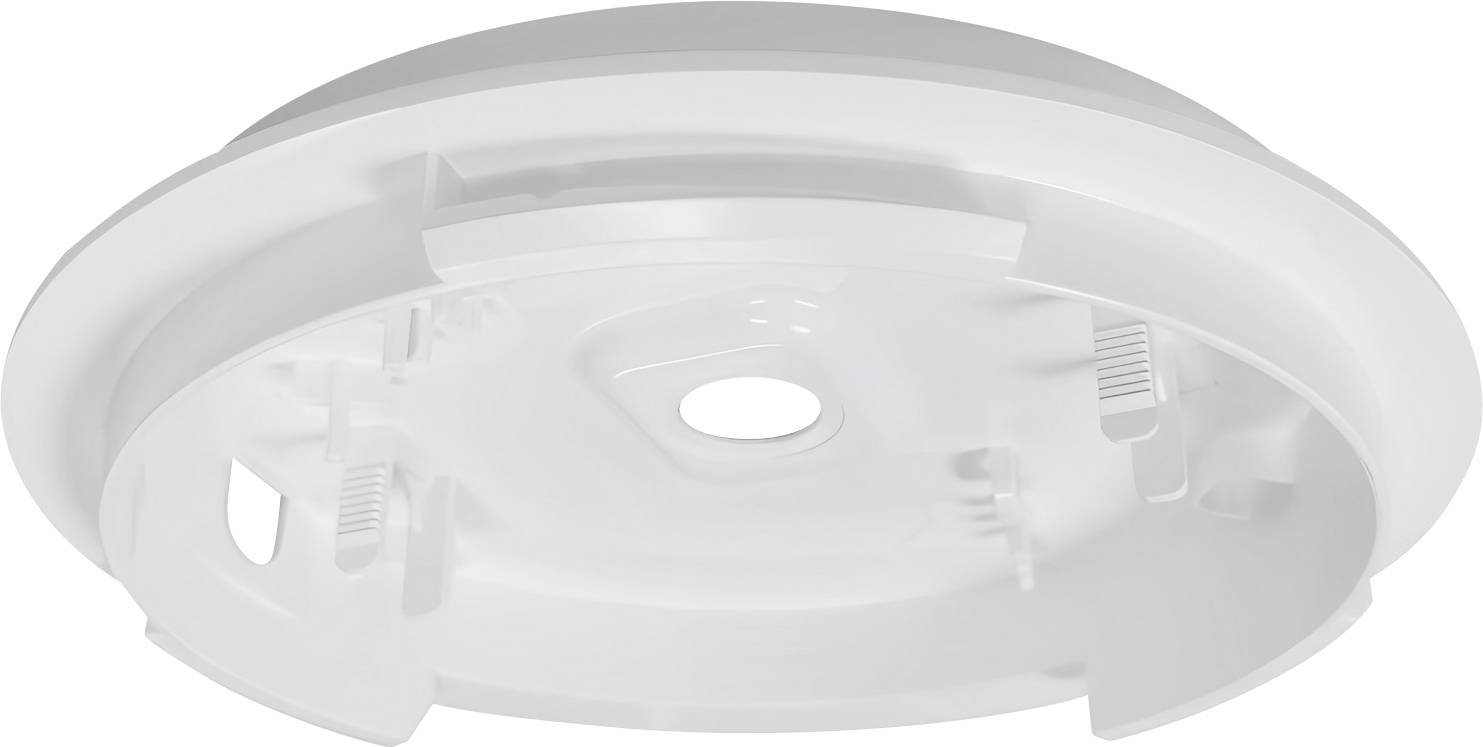 Eine runde, weiße Deckenleuchten-Befestigungsplatte mit mehreren Schlitzen und zentralem Montageloch, konzipiert für eine einfache Lichtmontage.