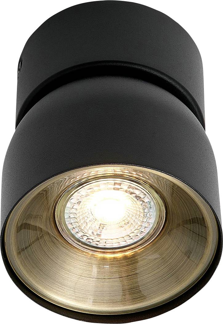 Ein schwarzes zylindrisches Deckenleuchten-Leuchtmittel mit einer sichtbaren Glühbirne, das einen warmen Glanz ausstrahlt.