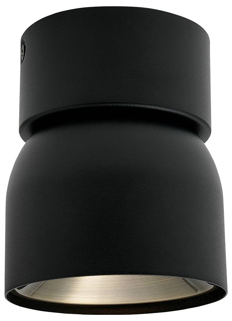 Schwarzte zylindrische Deckenleuchte, nach unten gerichtet, mit glatter matter Oberfläche.