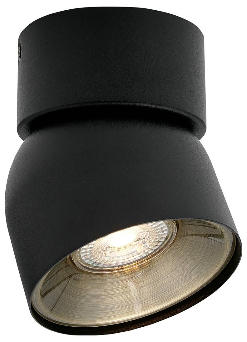 Eine moderne schwarze zylindrische Deckenleuchte mit LED-Glühbirne, die ein minimalistisches Design zeigt, das sich ideal für zeitgenössische Räume eignet.