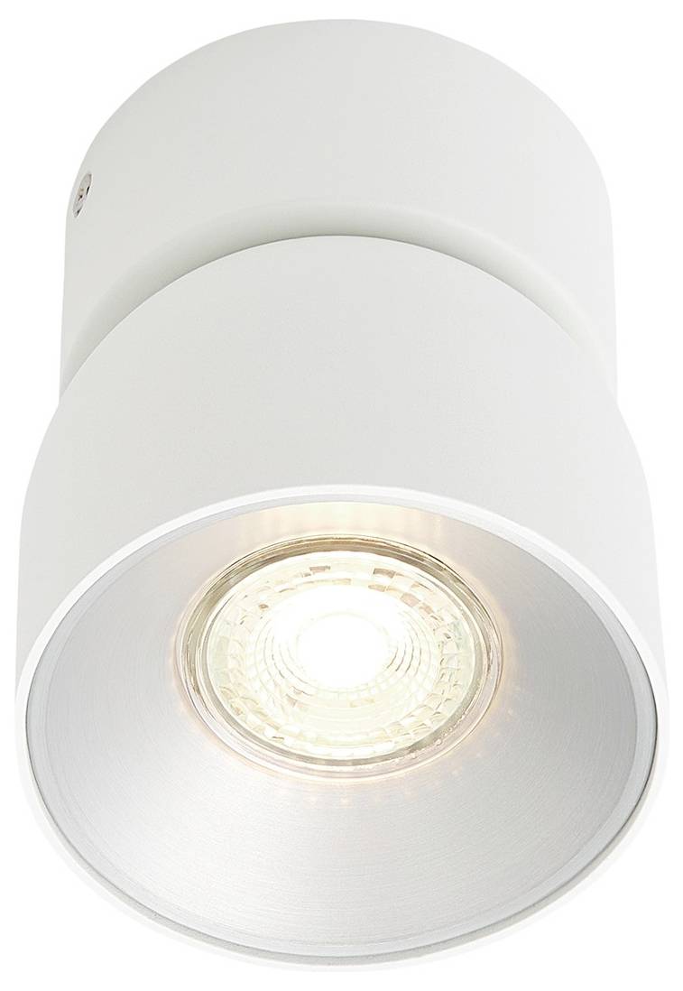 Zylindrische weiße Deckenleuchte mit sichtbarem LED-Leuchtmittel, entworfen für gerichtete Beleuchtung in modernen Innenräumen.