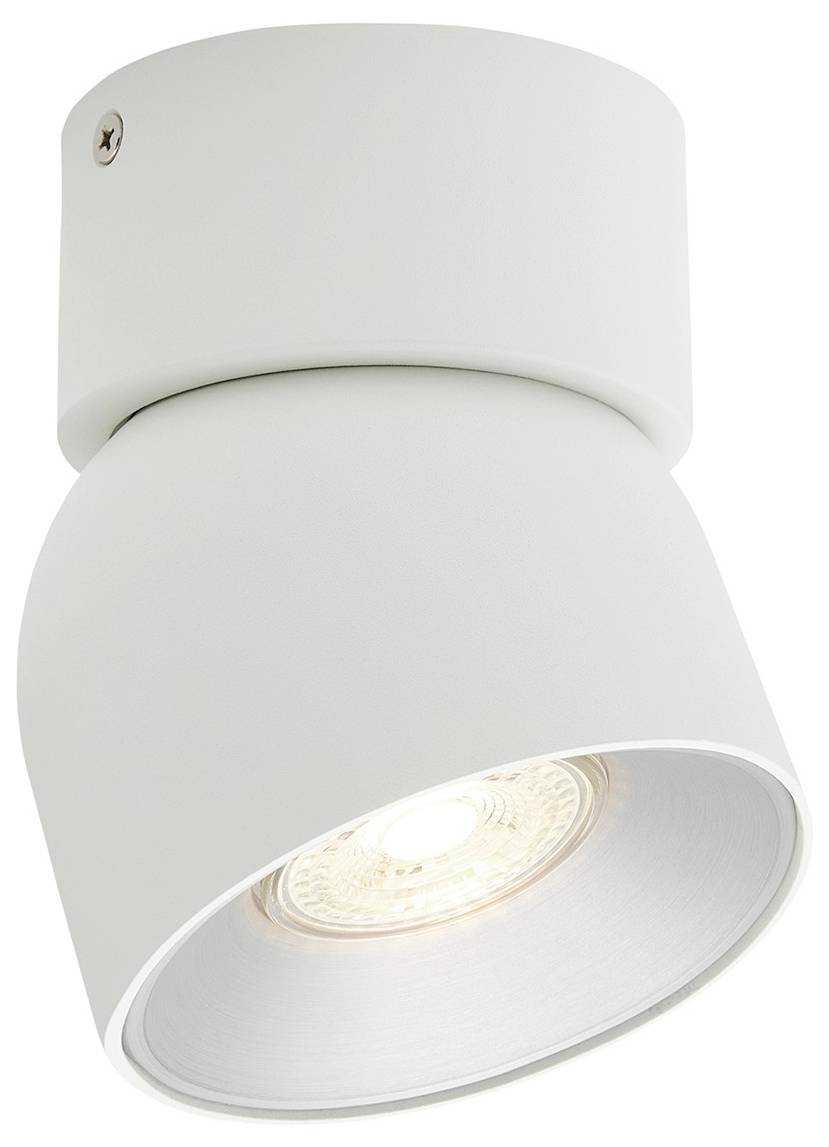 Ein weiß montierter Deckenspot mit rundem, minimalistischem Design, eingeschaltet und warmes Licht nach unten abstrahlend.