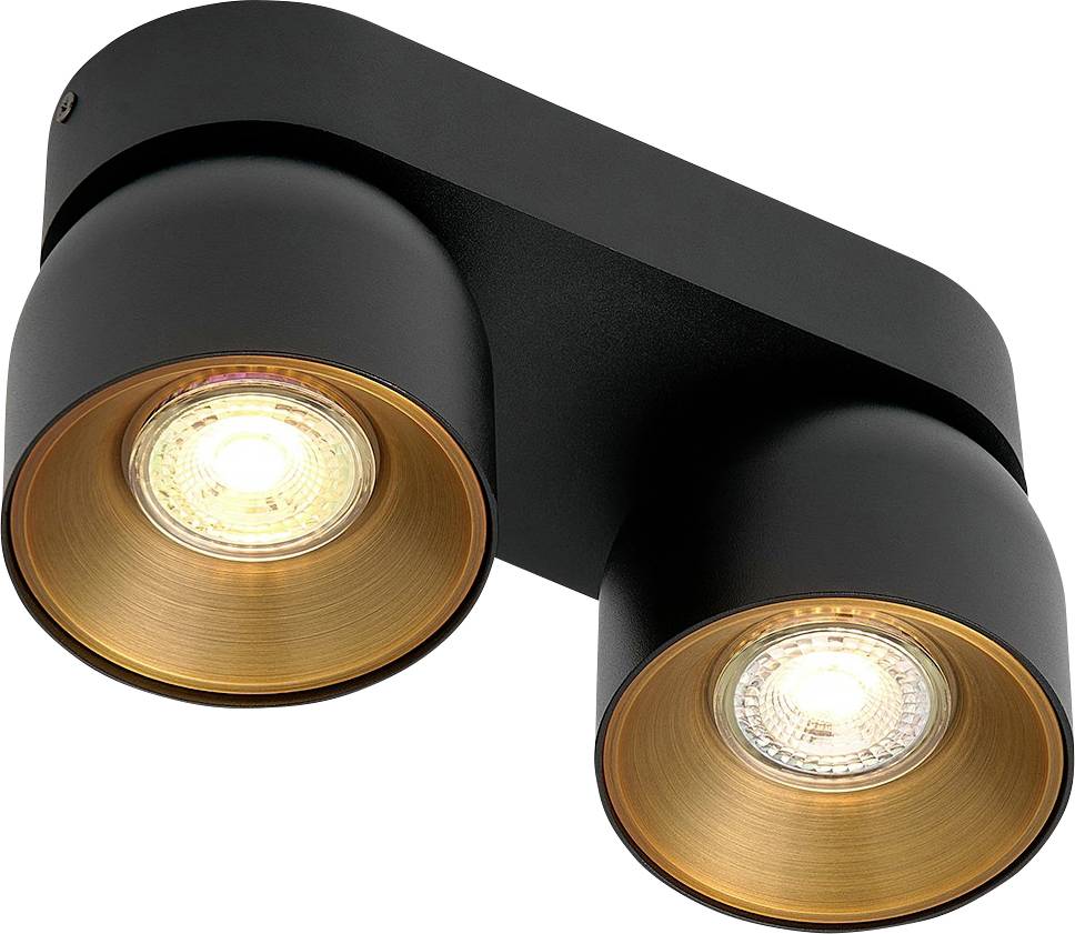 Eine moderne Deckenleuchte mit zwei runden, schwarzen zylindrischen Leuchten, die warme, leuchtende LED-Glühbirnen in messingfarbenen Innenräumen aufweisen.