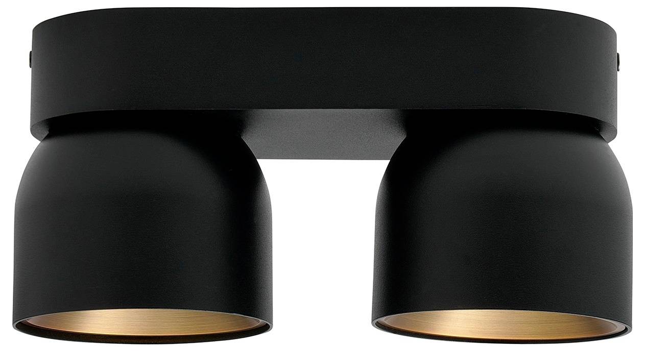 Eine moderne, schwarze doppelte Deckenleuchte mit zylindrischer Form, die warmes Licht von unten aus jedem Zylinder abgibt.