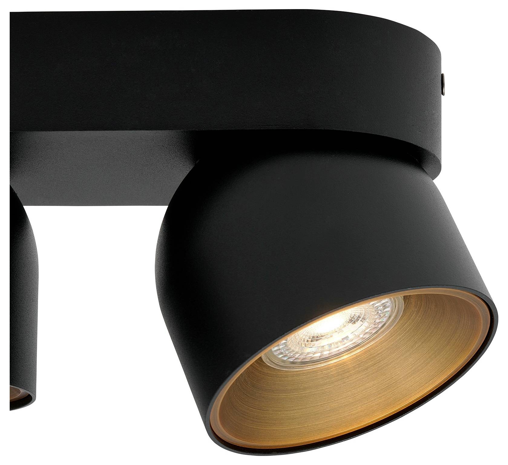 Nahaufnahme einer modernen, schwarzen Deckenleuchte mit sichtbarem Leuchtmittel, das warmes Licht ausstrahlt, entworfen für die Verwendung im Innenbereich.