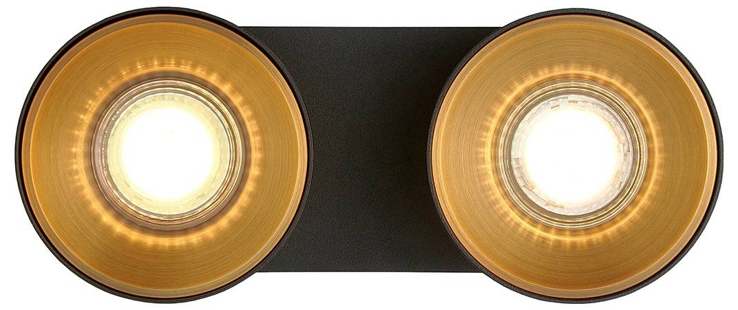 Zwei runde Deckenleuchten mit hell leuchtenden weißen Mittelpunkten und glühenden Bernsteinringen, auf einer dunklen rechteckigen Basis angebracht, von unten betrachtet.