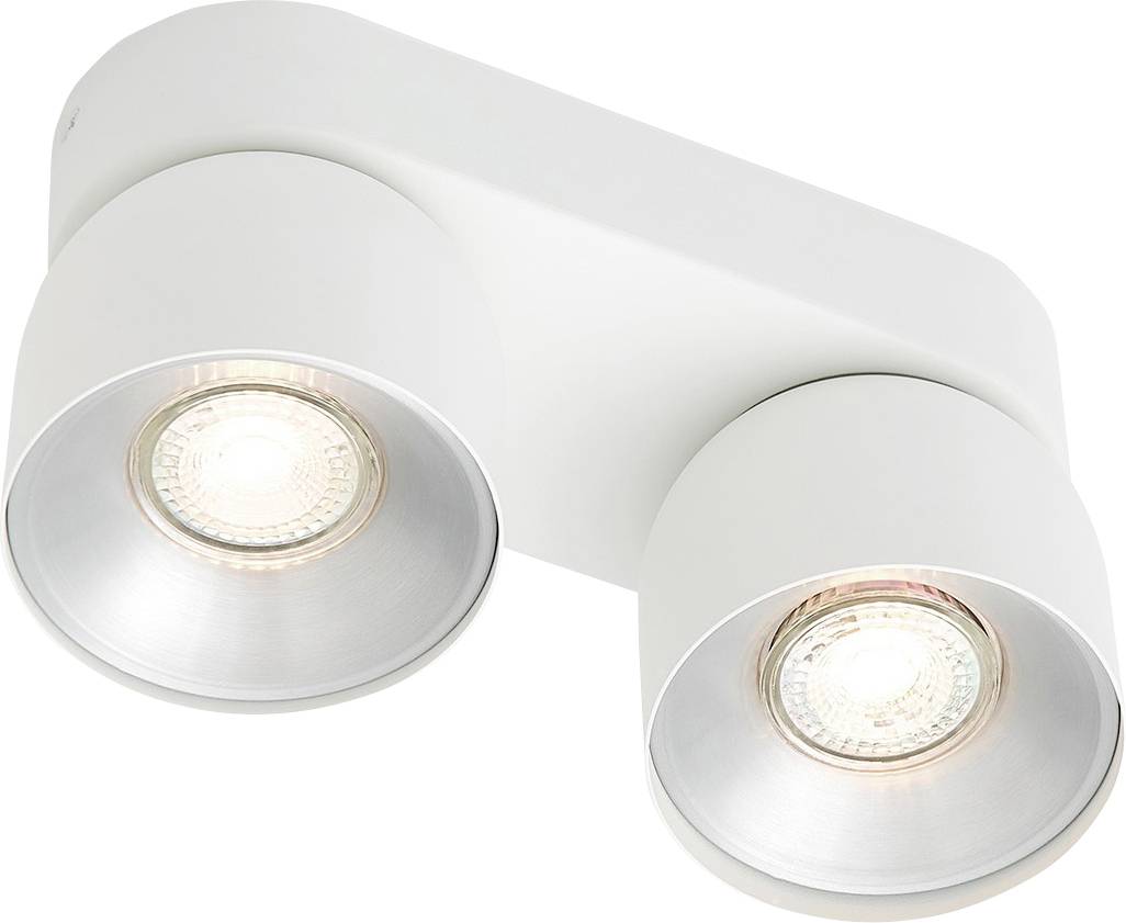 Eine weiße, doppelte Deckenleuchte mit kreisförmigen Spotlights, entworfen für moderne Innenräume, erhellt den Raum mit fokussierten Lichtstrahlen.