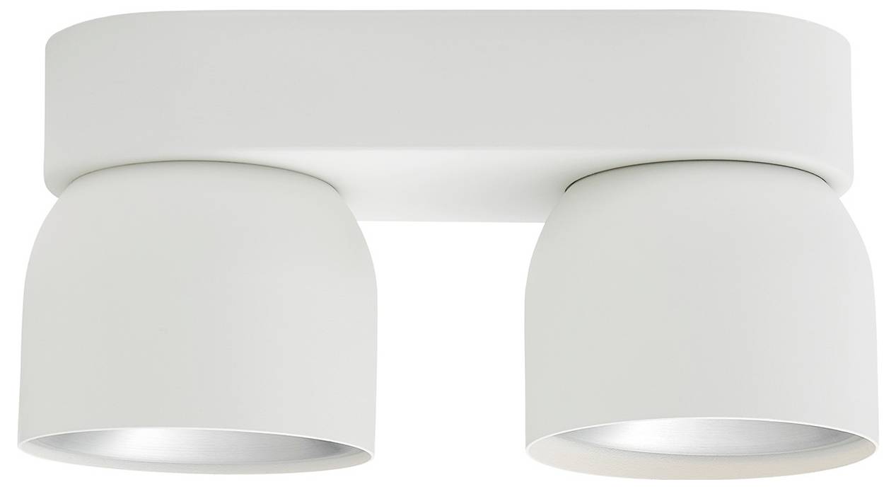 „Eine moderne weiße Deckenleuchte mit zwei zylindrischen Lampen, die nach unten abstrahlen, entworfen für zeitgenössische Innenraumbeleuchtung.