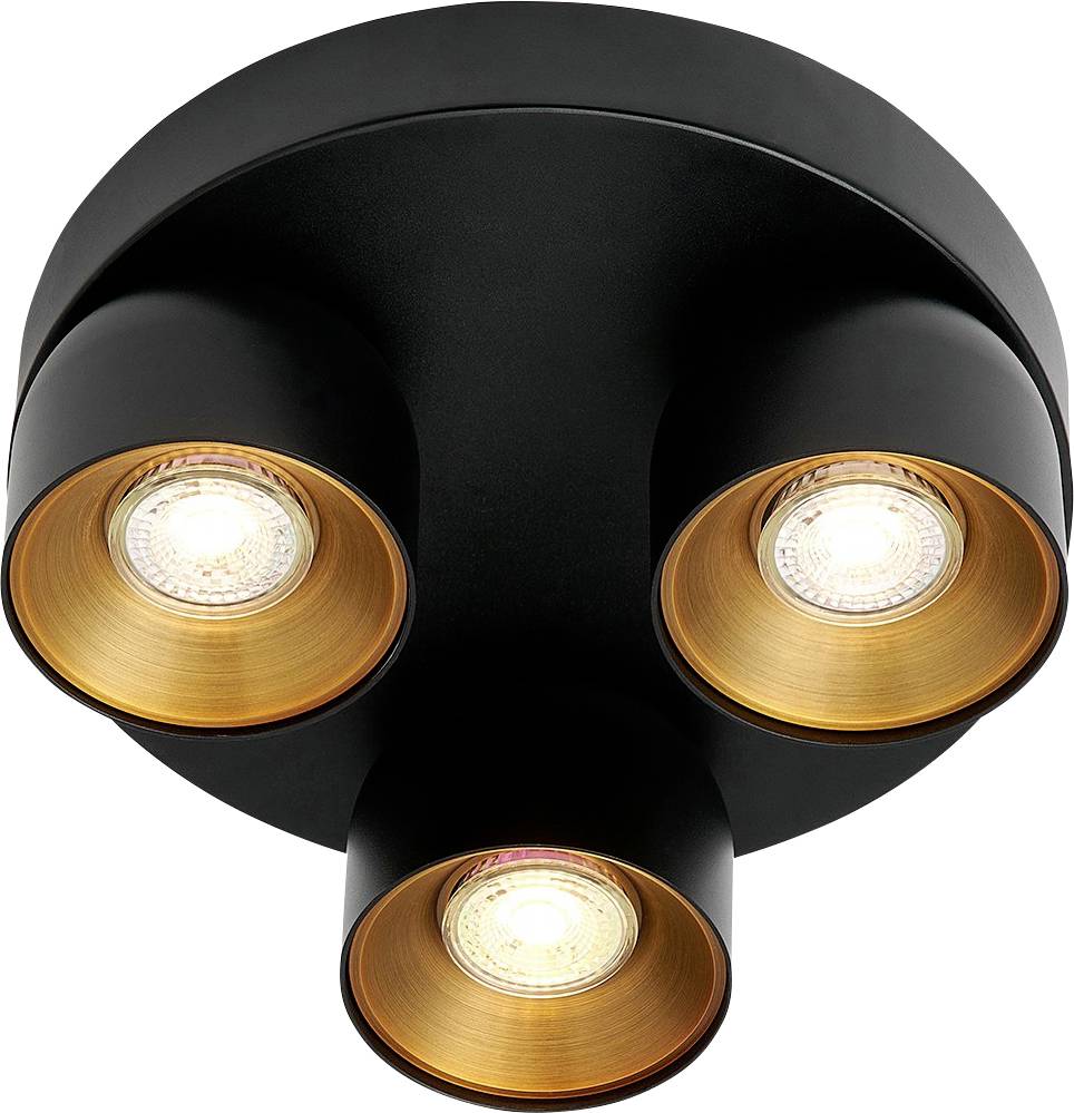 Eine runde schwarze Deckenleuchte mit drei nach unten gerichteten, goldgeränderten Leuchten, die jeweils mit einem warmen Glanz erleuchtet sind.