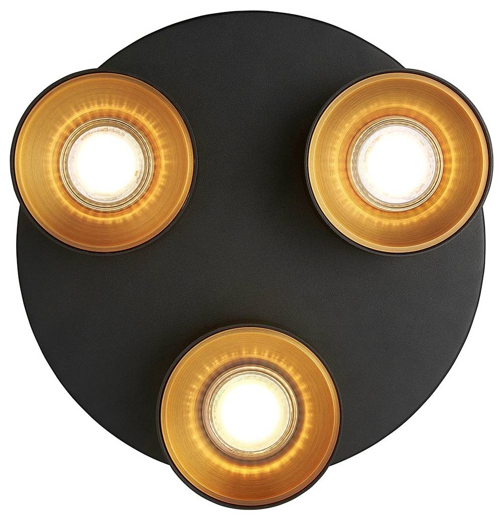 Drei kreisförmige Deckenleuchten mit warmem Bernsteinglanz, montiert auf einer schwarzen runden Basis, von unten betrachtet.