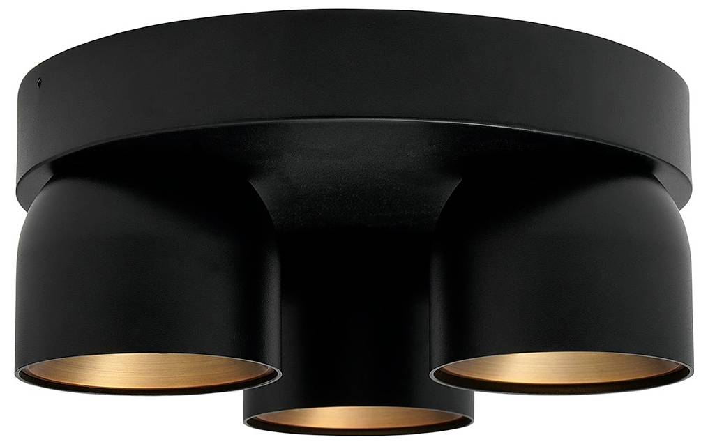 Eine moderne schwarze Deckenleuchte mit drei zylindrischen Glühbirnen, mit matter Oberfläche und kupfergefütterten Innenräumen.