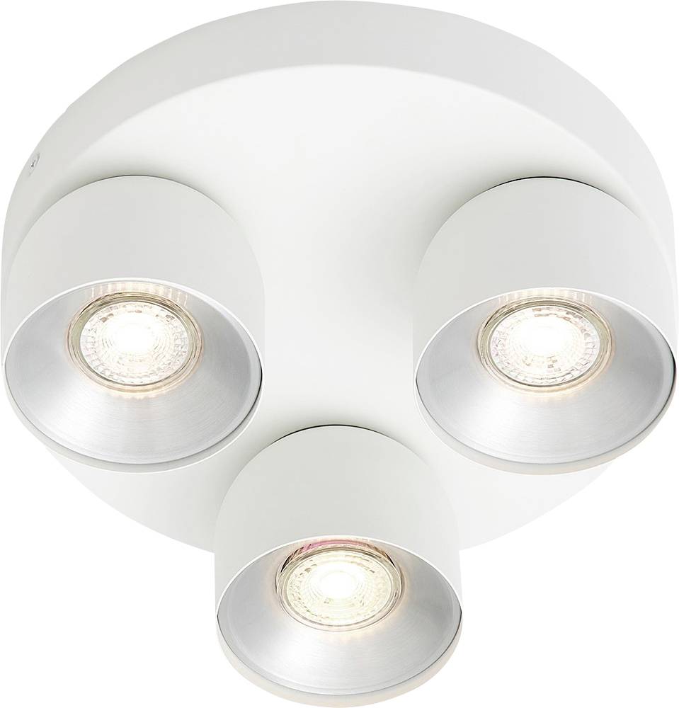 Eine weiße Deckenleuchte mit drei Glühbirnen und verstellbaren Spotlights, entworfen für moderne Wohnungseinrichtungen, die helle Beleuchtung spendet.