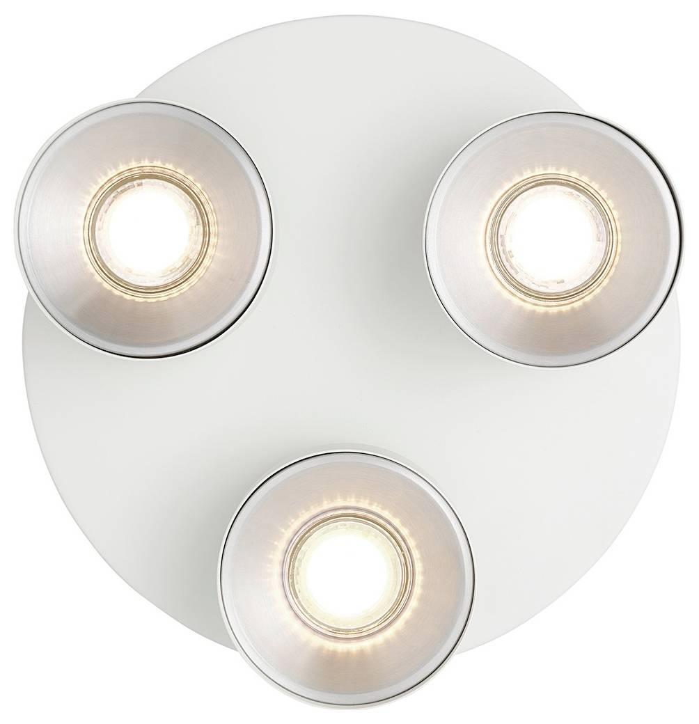 Deckenleuchte mit drei runden LED-Spotlights in dreieckiger Anordnung auf einer weißen runden Grundplatte.